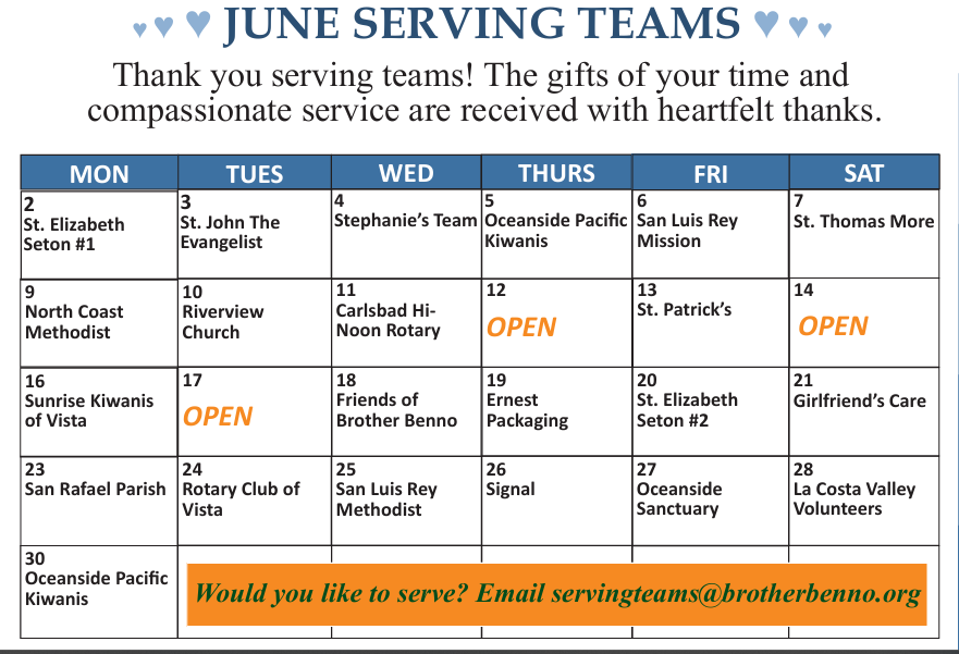 June Serving Teams Calendar